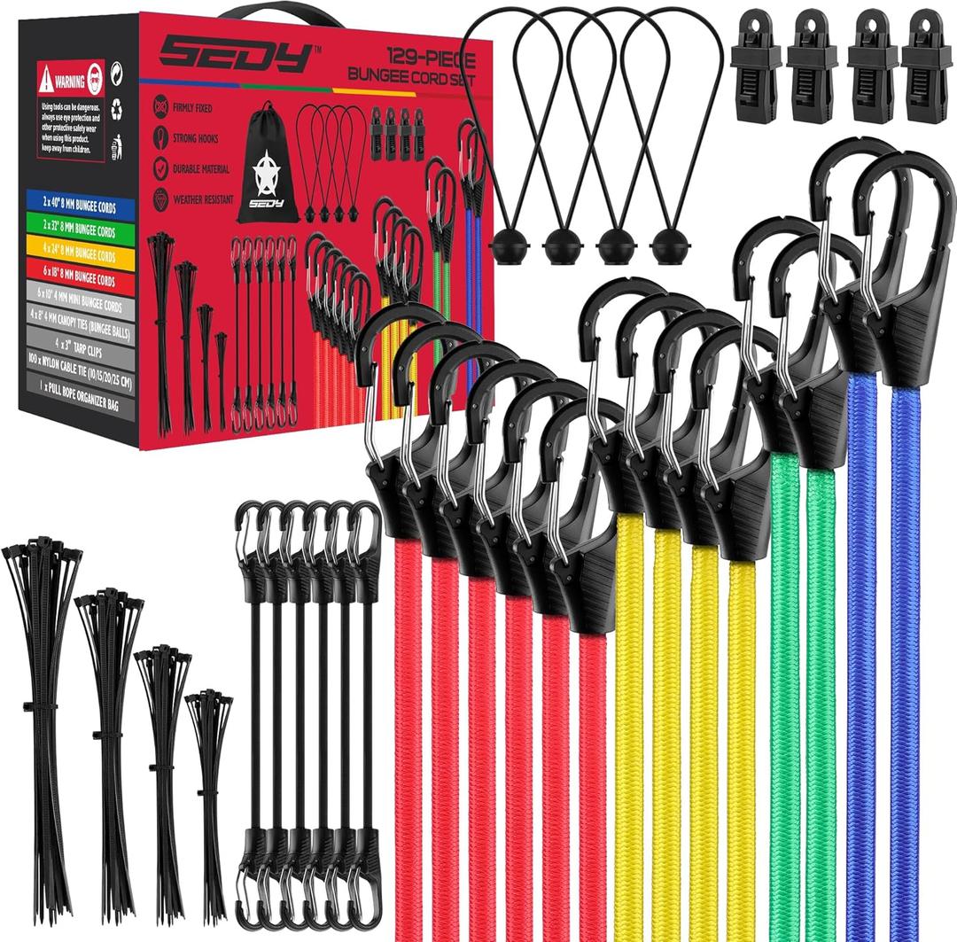 Heavy Duty Bungee Cords with Hooks 129 PCS, 18", 20", 32", 40" Outdoor Rubber Elastic Rope, 4 Canopy Tarps Clips, Small Bungees Rope with Ball, 100 Zip Ties, Mini Cords Carabiner Hook, Storage Bag
