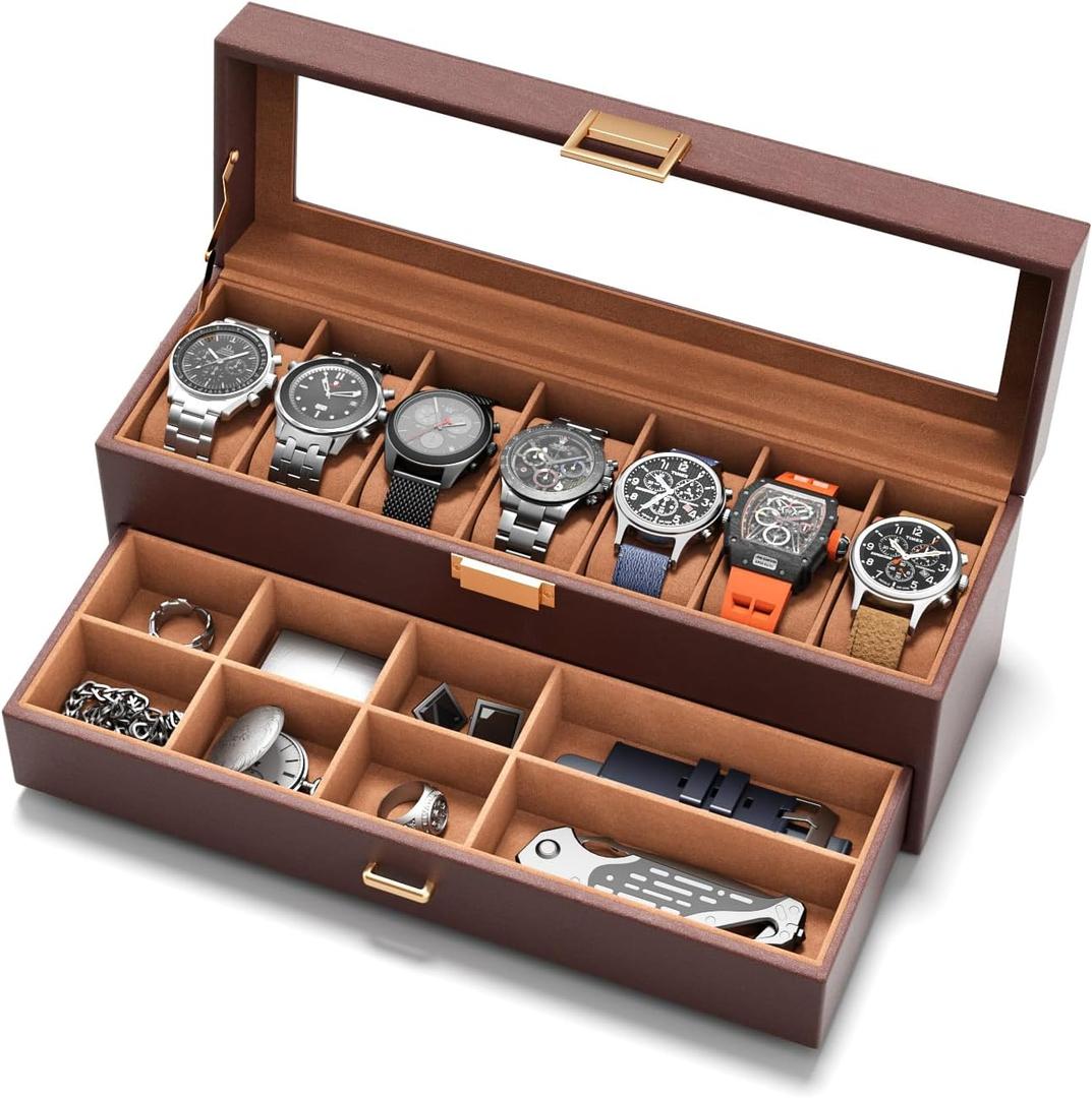 Watch Case Box for Men - 7 SLots Watches Storage Organizer Real-Glass Display Case with Jewelry Drawer 2-Layer PU Leather Collection Holder Gift for Loved Ones Brown