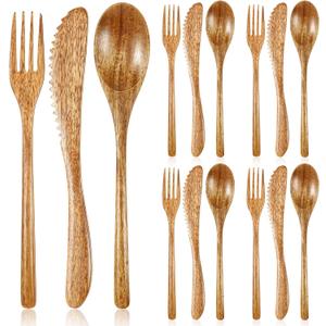 Geiserailie 12 Pcs Wooden Silverware Wood Utensils for Eating Set Wooden Spoon Fork Knife Cutlery Set Kitchen Dinner Flatware Tableware (Acacia Wood)