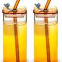Koythin 2-Piece Glass Cups with Lids and Straws, Iced Coffee Cup, Glass Tumbler, 12 oz/350 ml Clear Square Drinking Glasses for Coffee Bar Cocktail Beer Soda and Matcha (Amber)