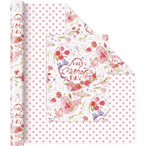 WERNNSAI Pink Flower Wrapping Paper Roll - 1 Roll 17x 33 ft Mothers Day Gift Wrapping Paper Pink Floral Gift Wrap Happy Festival with Polka Dot for Women Mom Warm Blessing Supply