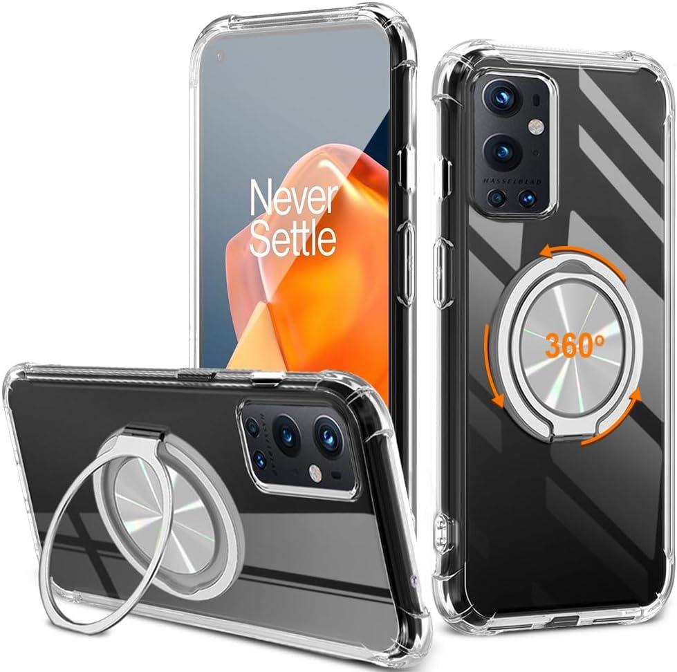 Compatible for OnePlus 1+ 9 Pro Phone Case, 360 Rotatable Ring Holder Kickstand [Non Yellowing] Transparent 4 Airbags Corners Shockproof Protective Cover Case for OnePlus 9 Pro 2021 - Crystal Clear