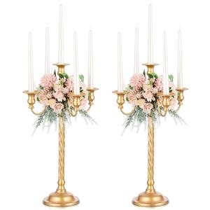 Romadedi Candelabra Gold Candle Stand: 21'' Tall 5-Branch Candlestick Holder for Wedding Centerpiece Decor Christmas Holiday Event Reception Decoration, Set of 2