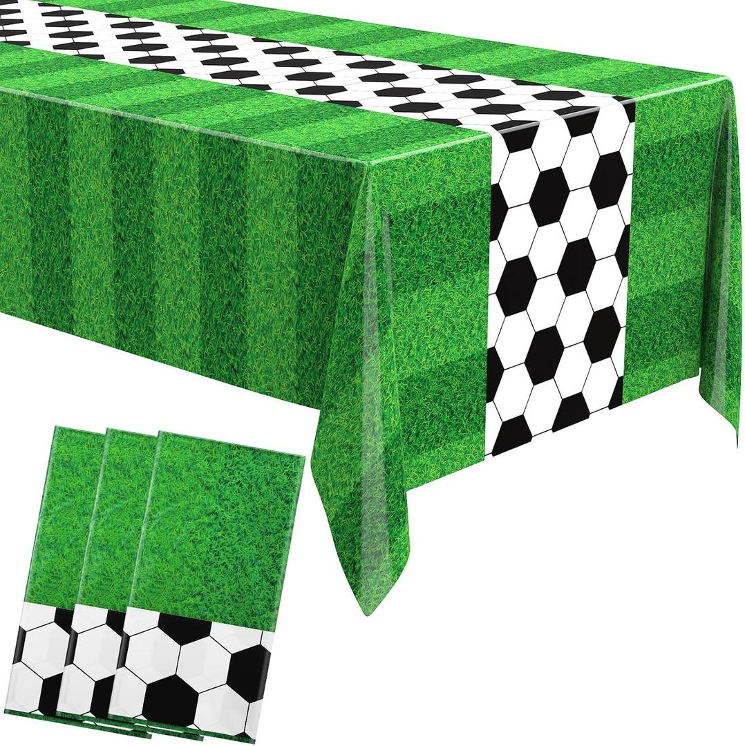 Buryeah 3 Pcs Soccer Party Tablecloths Soccer Theme Football Field Tablecloth Disposable Plastic Table Cover Supplies Rectangular Game Day for Tailgate Sports Party 54 x 108 Inches