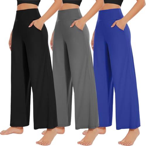 NEW YOUNG 3 Pack Women's Wide Leg Pants with Pockets High Waist Loose Sweatpants Casual Lounge Yoga Workout Palazzo L