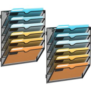 SUPEASY Wall File Organizer Mesh Office Mail Holder, Hanging Wall Organizer Magazine Rack for Office Black, 6 Tier, 2Pack