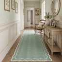 GarveeHome 2.6x10 Scalloped Washable Runner Rug for Kitchen, Soft Green Long Hallway Runner Non Slip Entryway Rug Farmhouse Thin Laundry Mat Stain Resistant Carpet for Bathroom Beside Rug