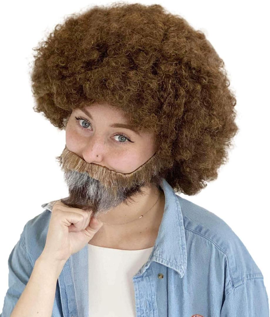 HPO Adult Unisex 80's Painter Brown Afro Wig and Brown and Patches of Gray Beard Set | Easy and Classic Celebrity Costume | Premium Halloween & Cosplay Wig (Adult)