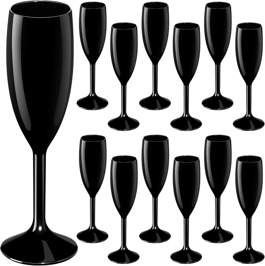 Maxcheck 12 Pcs Champagne Flutes Bulk Acrylic Toasting Drinking Flute Goblet Champagne Cups, 6 oz Plastic Glasses for Wedding Bachelorette Bridal Shower Anniversary Birthday Party (Black)