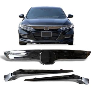Glossy Black Front Bumper Upper Grille withTrim Compatible with 2018 2019 2020 Honda Accord Sport Style Grill