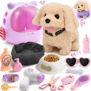 Cleboen 17pcs Robot Dog Toys for Girls Kids Boys 3-6, Realistic Interactive Robot Puppy Dog Plush Toys with Walk & Bark, Pretend Play Puppy Pet Care Playset, 3 4 5 6 Year Old Girl Birthday Gift Ideas (Purple)