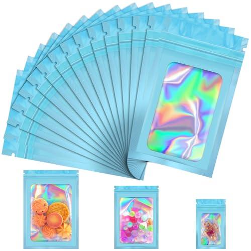 JETMORE 100 Pcs Mylar Bags, Smell Proof Bags Foil Pouch, Holographic Resealable Bags for Small Business, Candy Sample Jewelry Bag Sealable Packaging for Party Favor Food Storage (3x5in-Blue)