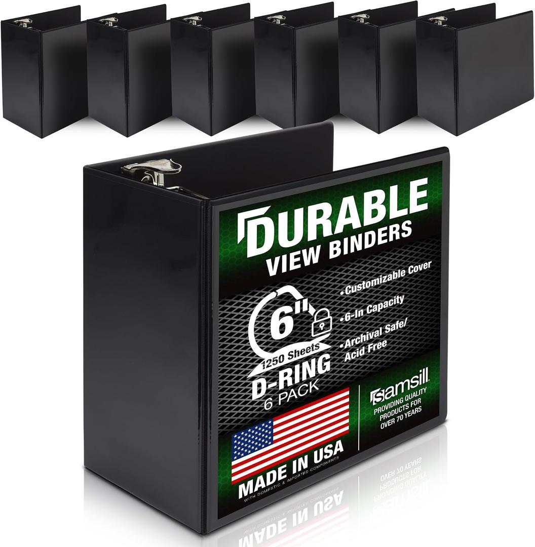 Samsill Durable 6 inch 3 Ring Binder, Made in USA, Locking D Ring 100% Recycled Chipboard, Black, 6 Pack