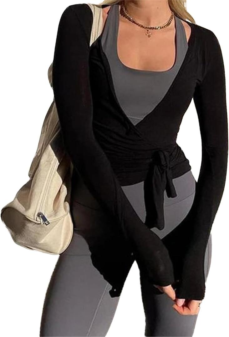 Women Wrap Tie Top Y2k Long SLeeve Ballet Workout Yoga Shirt Coquette Blouses (Medium, Black)