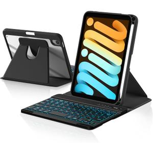 Harvopu for iPad mini 7 A17 Pro/6 Generation Keyboard Case 2024/2021 8.3 Inch,360 Rotating Clear Back Cover with 7 Color Backlit Detachable Keyboard, Pencil Holder for iPad mini 7th/6th Gen,Black