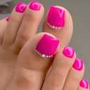 Artquee 28pcs Hot Pink Short Press on Toenails Glossy Square Fake Toe Nails Art Rhinestones Design Beach False Toes Nail Kit Tips Cute Artificial Toenail for Women in 14 Sizes