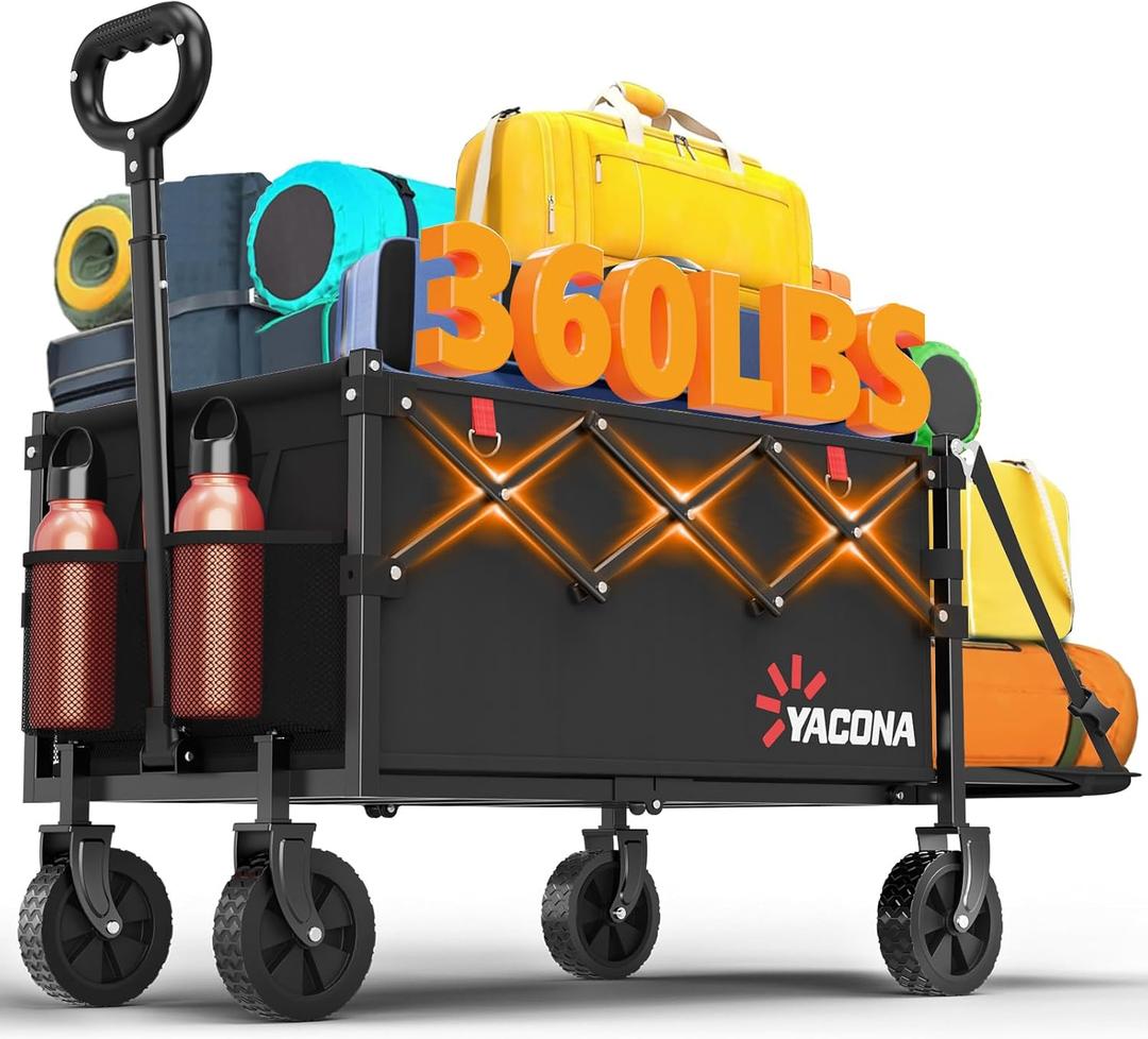 Yozoia 360LBS Heavy-Duty Wagons Carts Foldable 120L Collapsible Wagon Cart with Wheels and Tailgate, Folding Utility Wagon Carts for Groceries, Outdoor Camping, Shopping, Beach, Garden (Black)