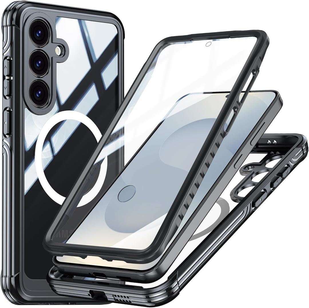 Miimall Strong Magnetic for Samsung Galaxy S25 Case, [Built-in Glass Screen Protector][Compatible with Magsafe][Military Shockproof Dropproof] Full Body Heavy Duty Phone Case for S 25, Black/Clear