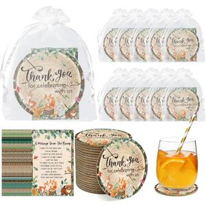 Cinrobiye 50 Set Baby Shower Favors for Guest Woodland Animal Appreciation Coaster Gifts Bulk Thank You Cards Organza Bags Guest Souvenirs Cup Holder Mat for Gender Neutral Party Table Decorations