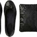 Women's Foldable Ballet Flats – Portable Flat Shoes for Travel and Wedding that Fit in Your Purse (XXL, Black Sequin)