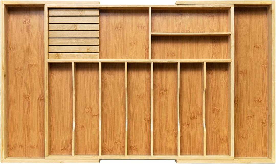 VaeFae Extra Large Kitchen Utensil Holder, Bamboo Silverware Drawer Organizer, Expandable Cutlery Organizer with Knife Block, Multifunctional Drawer Divider (10-12 compartments), 20.6" to 35.04" wide