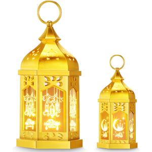 Threan 2 Pcs Ramadan Lantern, 6.9" and 11" Golden Ramadan Mubarak LED Lantern Eid Lights with Star and Moon Patterns Hanging Light for Home Patio Table Wedding Centerpiece Festival Decor