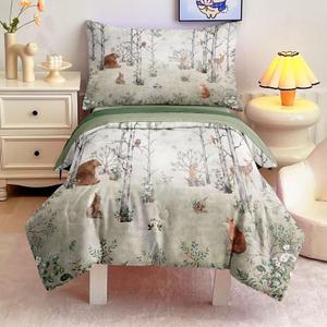 4 Pieces Woodland Animal Toddler Bedding Set for Boys Girls, Forest Animals Comforter Set Bed in a Bag,Toddler Bed Set Includes Comforter, Flat Sheet, Fitted Sheet and Pillowcase