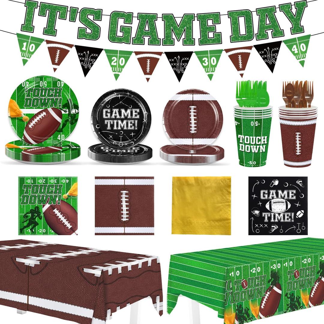 Football Party Supplies Kit Serve 24, Football Party Decorations Include It's Game Day Banner Football Paper Plates Napkins Cups Forks Knives Spoons Tablecloths for Football Birthday Party Decorations