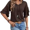 Sialois Womens Blouses Ruffle Sleeve Tops V Neck Shirts Dressy Casual Trendy Tee Spring Fall Summer Fashion Work Clothes (Brown, XL)