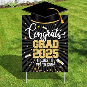 KatchOn, Congrats Grad Yard Sign - 16x10 Inches | Black and Gold Class of 2025 Congrats Yard Sign | Graduation Party Decoration | Congrats Grad Lawn Signs for Graduation Decorations 2025