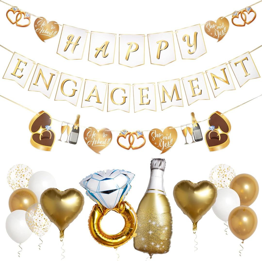 Pirese Happy Engagement Banner, Just Engaged Banner, Happy Engagement Decorations | Just Engaged Decorations | Almost Married Sign | Congratulations Wedding Decor Sign with Balloons (Gold)