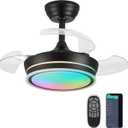 30" Retractable Ceiling Fan with Light, RGB Modern Fandelier 6 Speeds Reversible Blades Dimmable Remote App Control Memory Timer Black