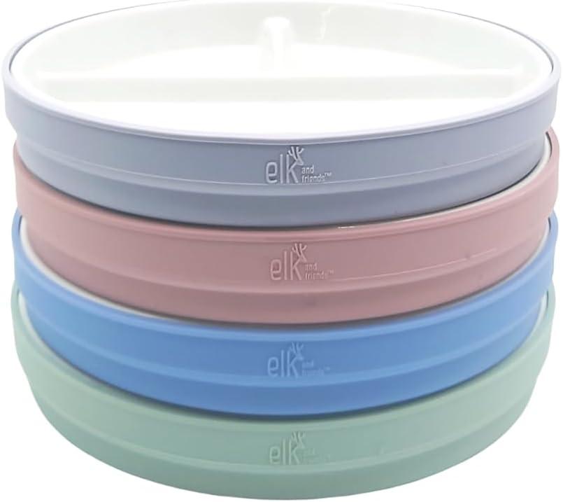 Elk and Friends Kids 6.7" Porcelain Divided Plates with Silicone Sleeves | Suitable for Babies/Kids/Toddlers | Microwave & Dishwasher Safe | Non Slip | Snack Dishes (Blush/Lilac/Sage/MistyBlue)