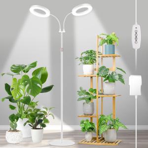 LBW Dual Head Grow Light with Stand for Indoor Plants, Full Spectrum Grow Light for Multiple Tall Plants, Adjustable Height up to 68", Auto Cycle Timer 6/8/12/16H, 5-Level Dimmable, 3 Lighting Modes