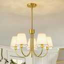 Modern Gold Chandelier 5-Light Dining Room Chandelier with Fabric Shades Kitchen Dining Room Light Fixture Over Table Height Adjustable Farmhouse Chandeliers for Living Room Bedroom Entryway