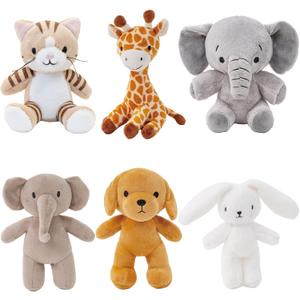 6 Pcs Stuffed Animals Bulk, 8 Inch Small Stuffed Safari Animals, Zoo Stuffed Animals Set (Cat Dog Elephants Giraffe Bunny) Baby Shower Party Decor, Easter Gift for Classroom Kids, Teens, Girls