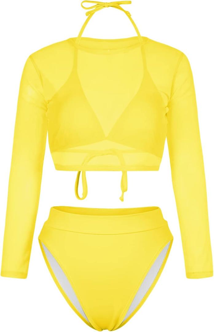 Kisscynest Women's 3 Pieces Swimsuit with Long Sleeve Mesh Shirt Coverup (Large, Yellow)