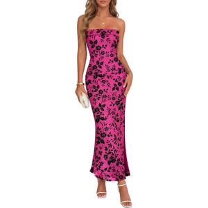 MEROKEETY Women's 2026 Summer Wedding Guest Dresses Formal Strapless Bodycon Floral Tube Mesh Cocktail Party Maxi Dress, Medium