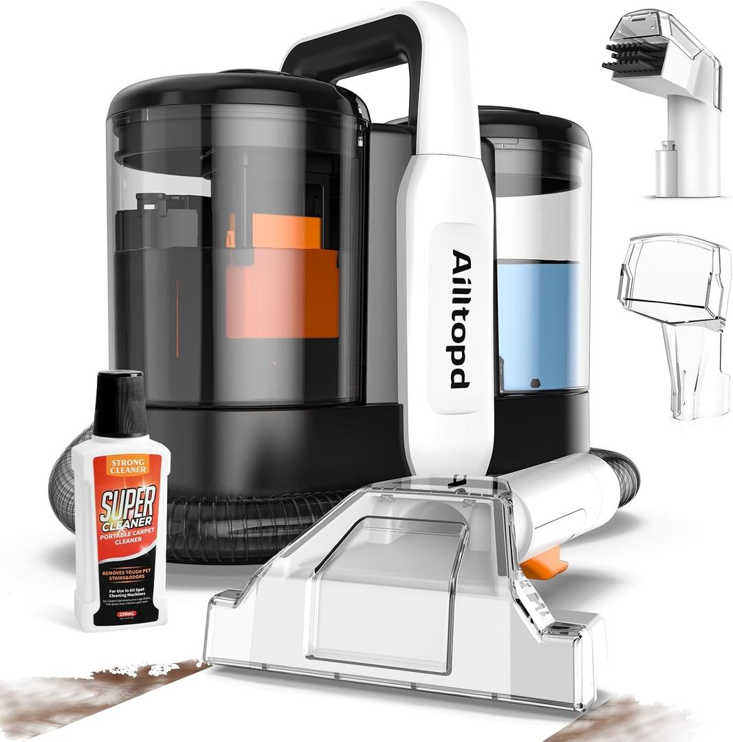 Upholstery Cleaner Machine, Powerful Suction & Portable Spot Remover, Deep Stain Cleaning for Carpet, Pets, Stairs, Car Seat, Couch, with Dual Size BrushHead and Cleaning Solutions (Light)
