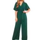WDIRARA Women's Wide Leg Jumpsuit Wrap V Neck Butterfly Short Sleeve Tie Knot Front Elegant Jumpsuits Romper Dark Green XL