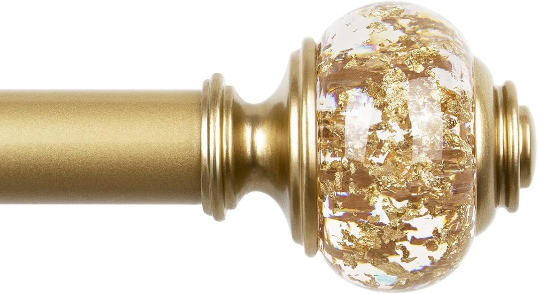 1 Inch Gold Curtain Rods for Windows 140 to 195 Inches (6 to 12 ft), USFOOK Telescoping Single Drapery Rod, Decorative Curtain Rod with Luxury Translucent Finials