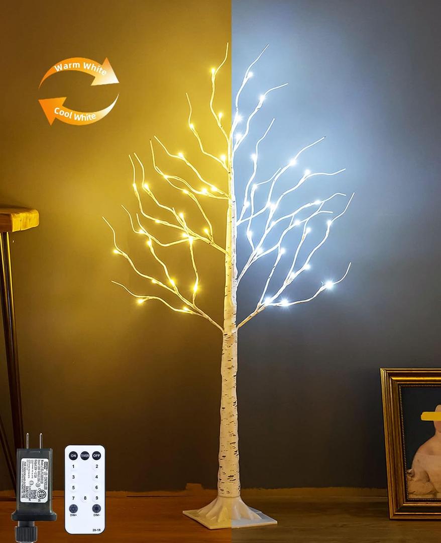 Lighted Birch Tree, 4ft 48LED Birch Tree Lights, Indoor Outdoor Artificial Twig Tree Light 9Modes Timer for Christmas Easter Home Party Wedding Decor,Warm & Cool White