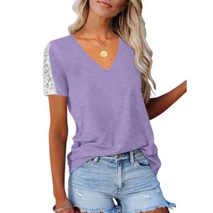 Eachyes Womens Lace Short Sleeve T Shirts Summer Casual V Neck Tops Loose Fit Tees Blouses, Light Purple, Small