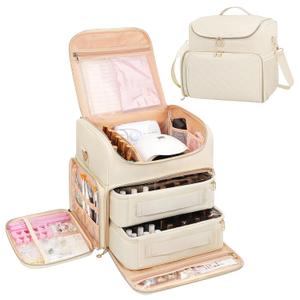 CUBETASTIC Extra Large Nail Polish Organizer Case Holds 86 to 100+ Bottles Nail Polish & Nail Lamp, Nail Supplies Storage Carrying Bag with 2 Removable Pouches (Beige)
