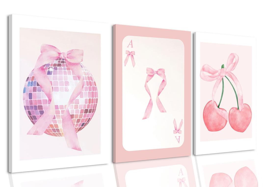 MTFBWY Large Pink Wall Art Set of 3 Canvas Prints, 16x24in 3-Panel Coquette Aesthetic Room Decor, Big Pink Bow & Disco Ball Canvas Wall Decor for Bedroom Living Room, Ready to Hang