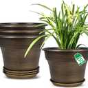 Plant Planters Pots Set of 4 Pack 10 Inch, Plastic Flower Pot for Indoor Plants with Drainage Holes & Trays, Resin Decorative Container Sets with Saucer for House Outdoor Garden Planters Dark Gold