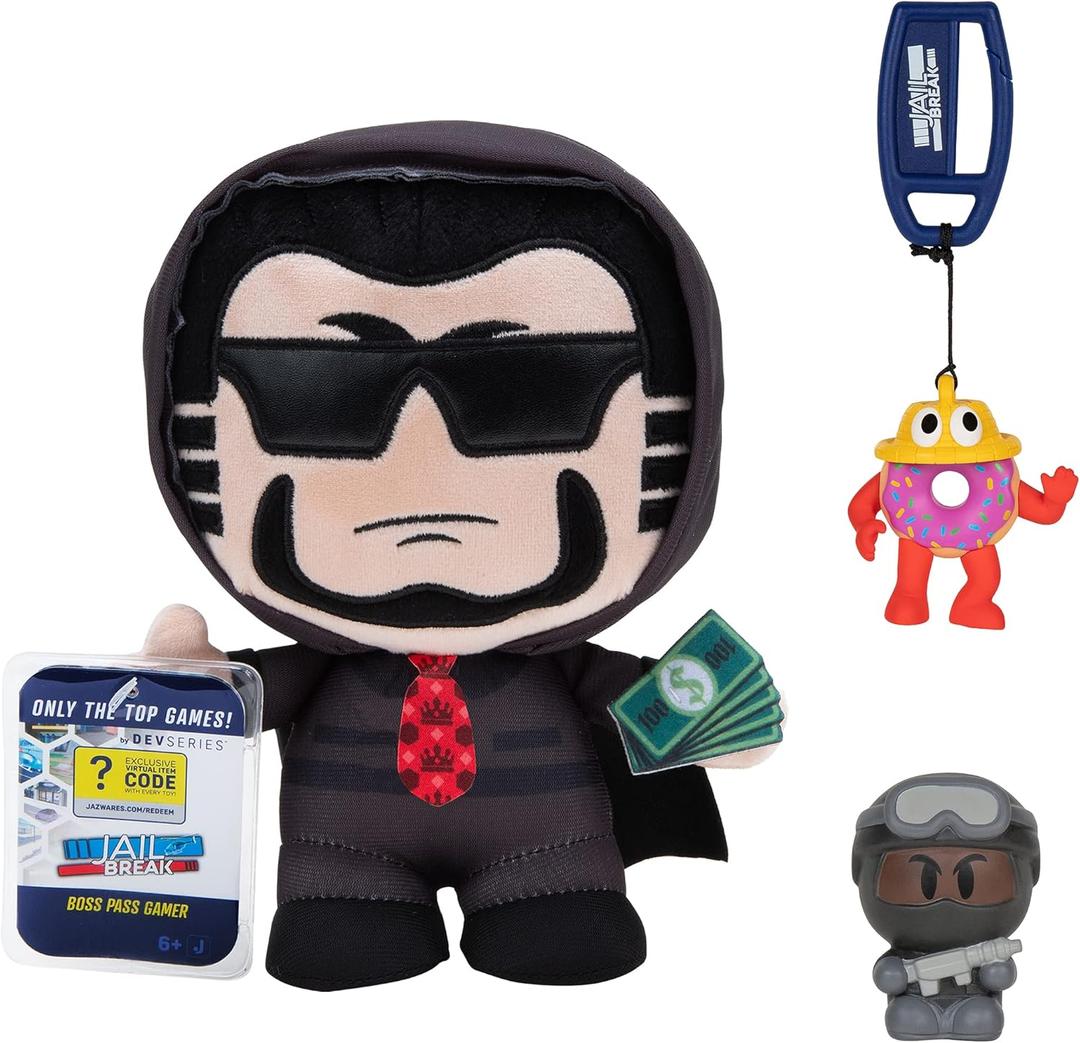 DevSeries Jailbreak Collector Bundle - Three Exclusive Virtual Item Codes with Boss Pass Gamer Plush, SWAT Pass Gamer Squooshems, and Mr. Donut Hanger