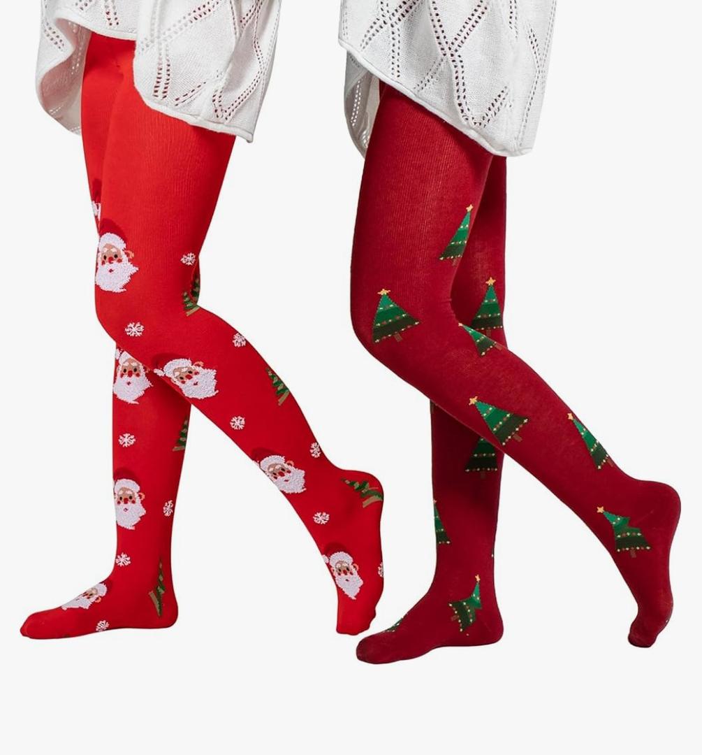 2 Pairs Girls Patterned Red Tights Christmas Holiday Stockings Kids Snowflake Printed Tights for Girls 4-10t M