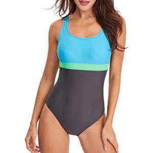 Womens One Piece Swimsuit Scoop Open Back Athletic Training Swimwear Color Block Sport Bathing Suit (Blue, M)