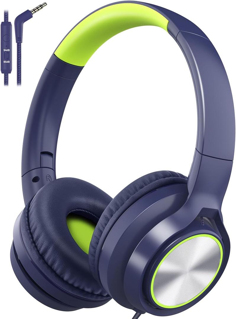 Kids Headphones with Cord , Wired Over Ear Headsets with Microphone Limited Volume 85dB/ 94dB, Portable Wired Headphones for Kids Boys Girls Teens Children Online School/Travel/iPad/Tablet/Cellphone